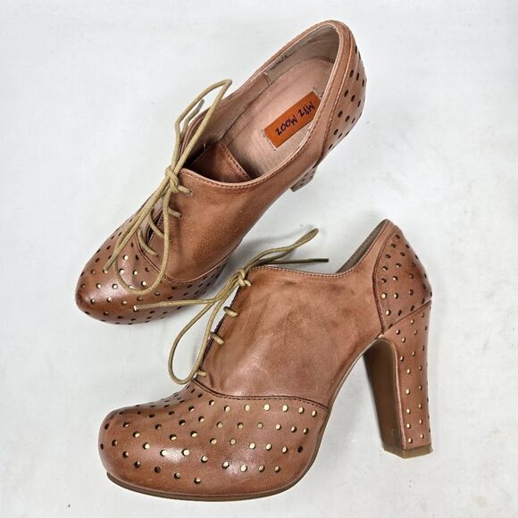 MIZ MOOZ Lesley Oiled Tan Perforated Leather Lace-Up Heeled Shoes Size 7.5 - Picture 2 of 12